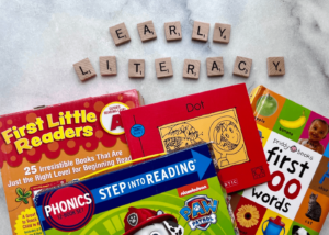 letter tiles spelling "early literacy" with children's literacy books at the bottom