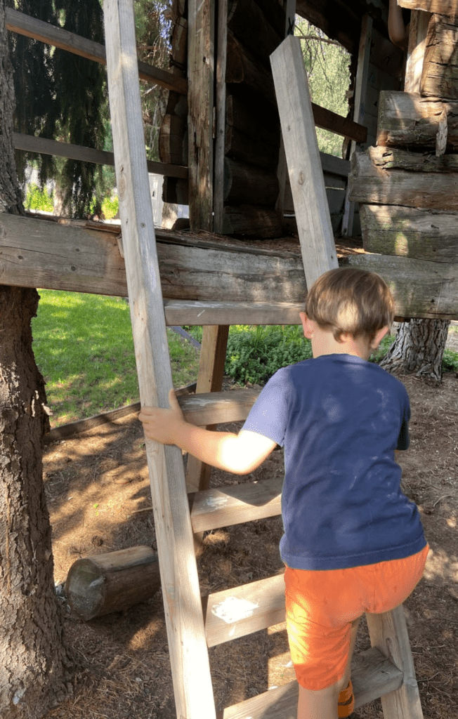 Child climbing the stairs to a treehouse