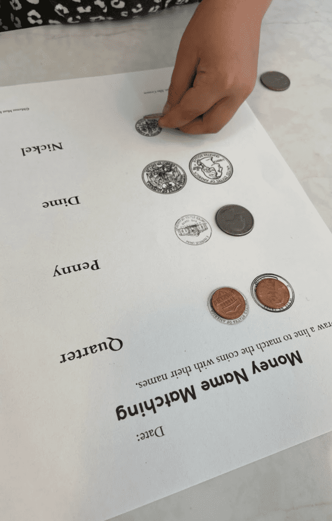 Money name matching worksheet with real coins