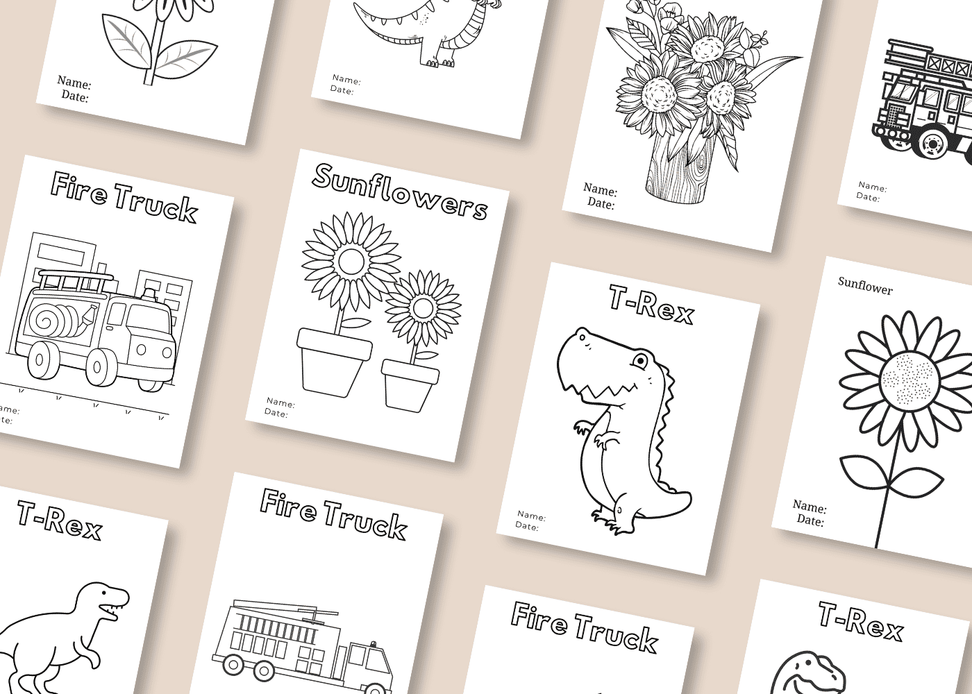 Samples of the free printable kids coloring pages showing fire trucks, t-rex, and sunflowers.