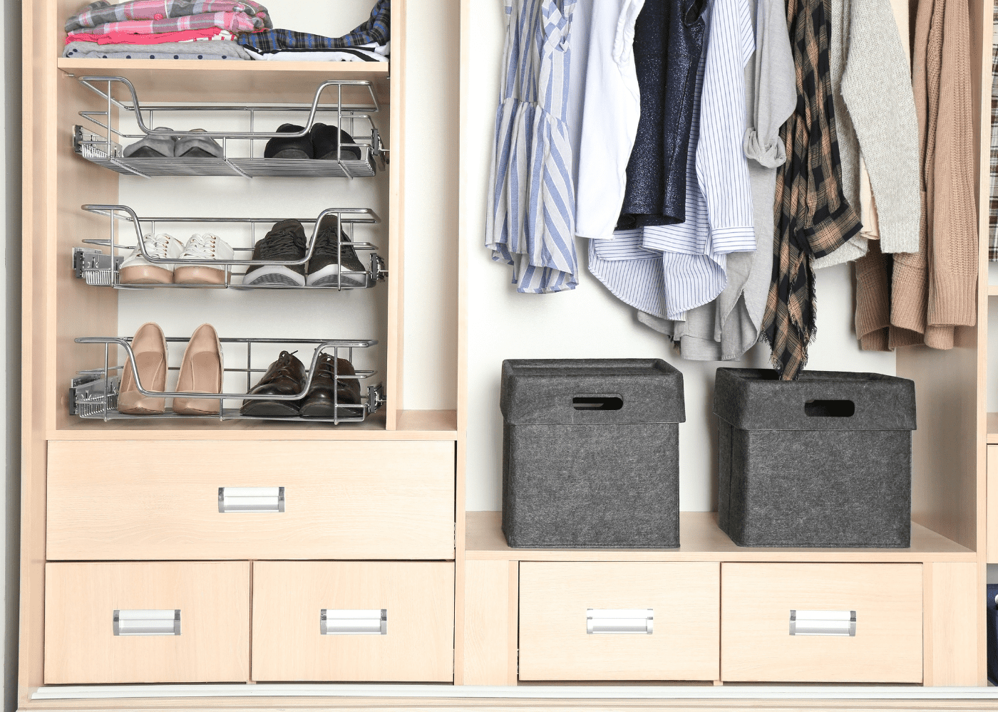 Shoe organizer and shelving for home storage in a closet.