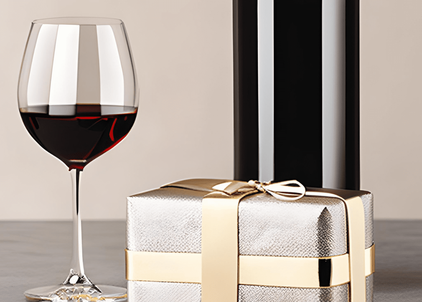 Red wine glass next to a gift box