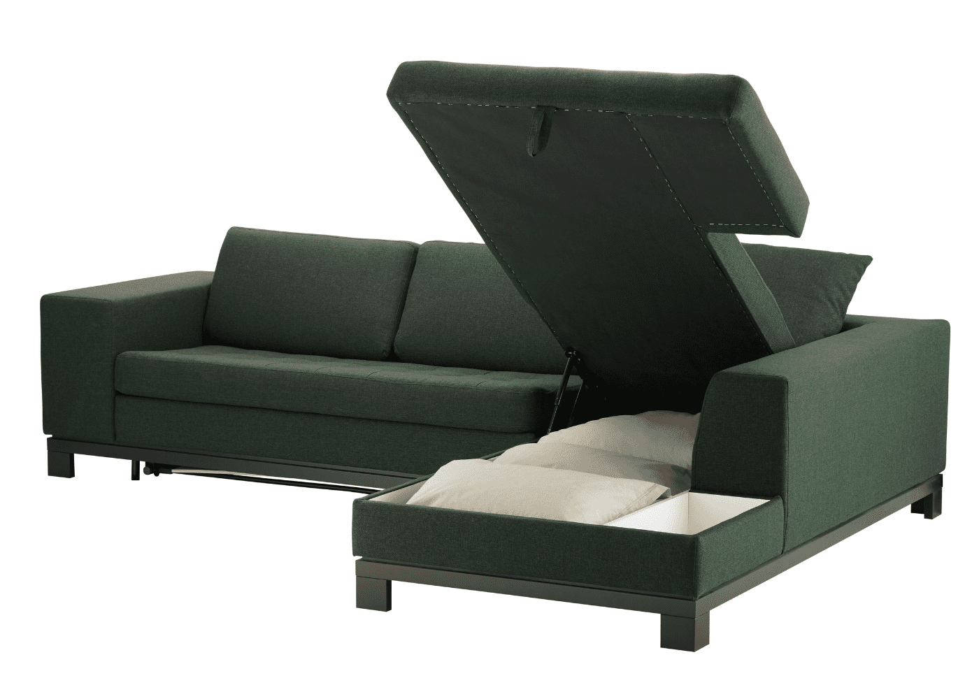 A green couch with built-in storage.