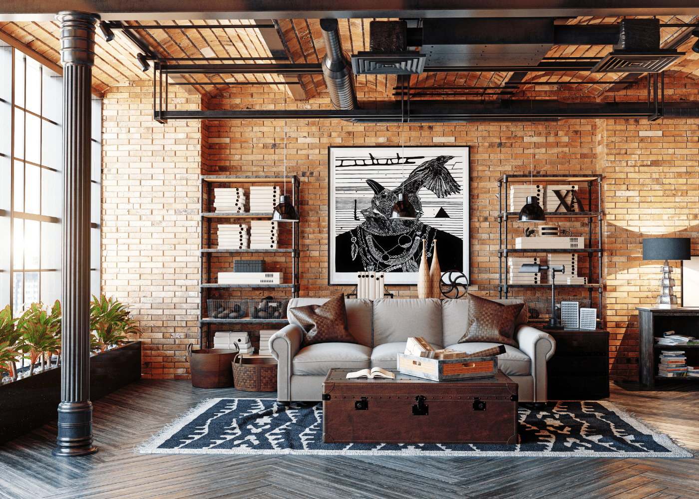 Industrial style living room with brick walls and brown accents.