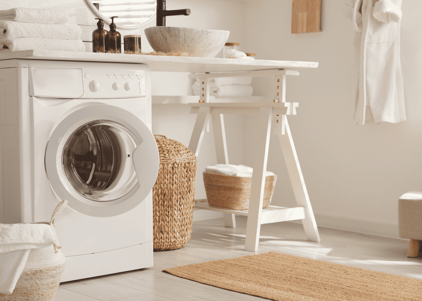 A white laundry room with rattan accents.